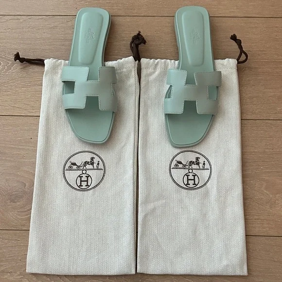 HERMES Oran Mint Green Slide Sandals 38.5 - Picture 3 of 11
